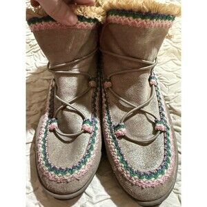 Authentic Mou Metallic Suede Eskimo Boots Taupe/Grey Size 10 US Crochet Trim